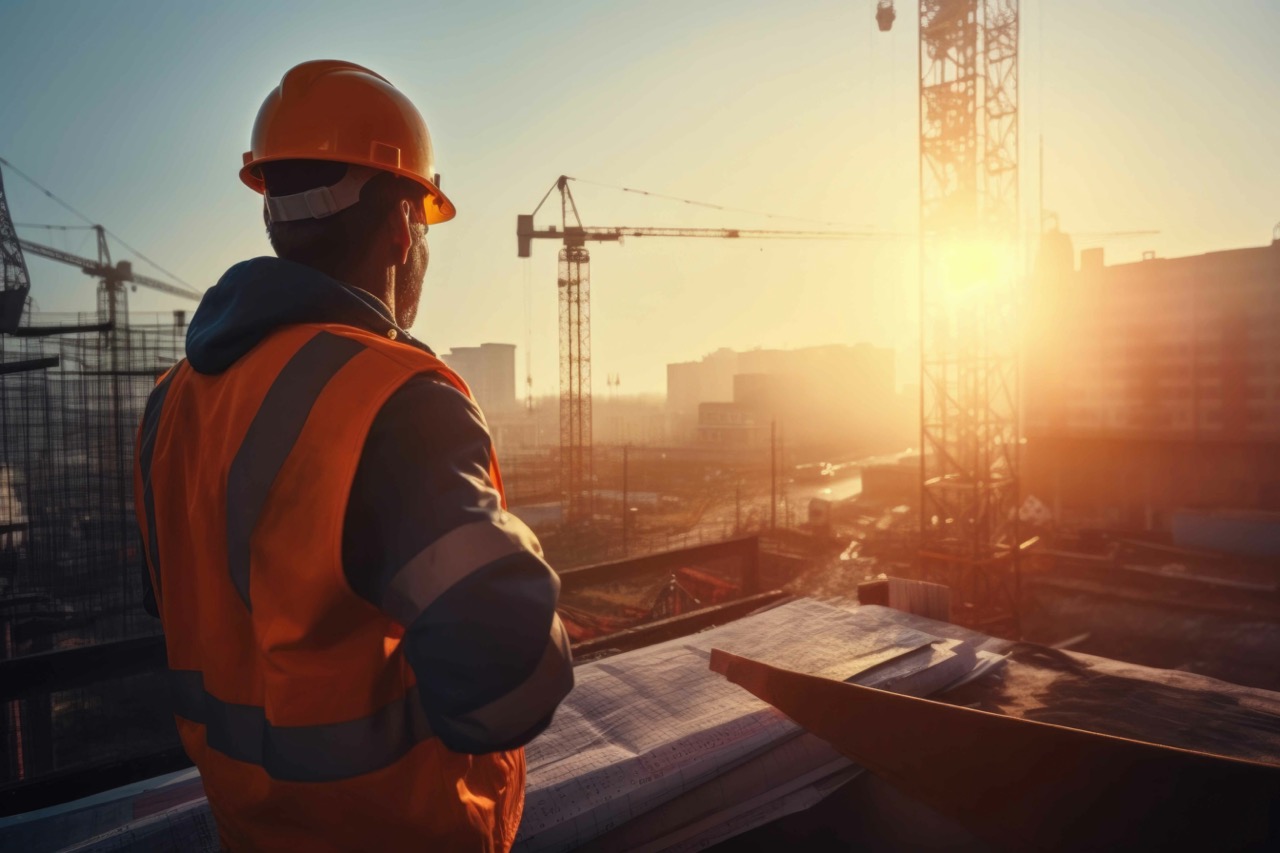 Construction foreman at container stack site, wear vest and orange helmet. Generative AI