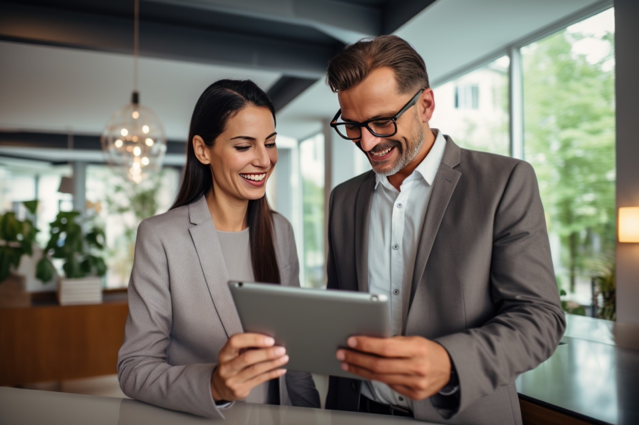 Two happy professional business people team woman and man workers working using digital tablet tech discussing financial market data standing at corporate office meeting.