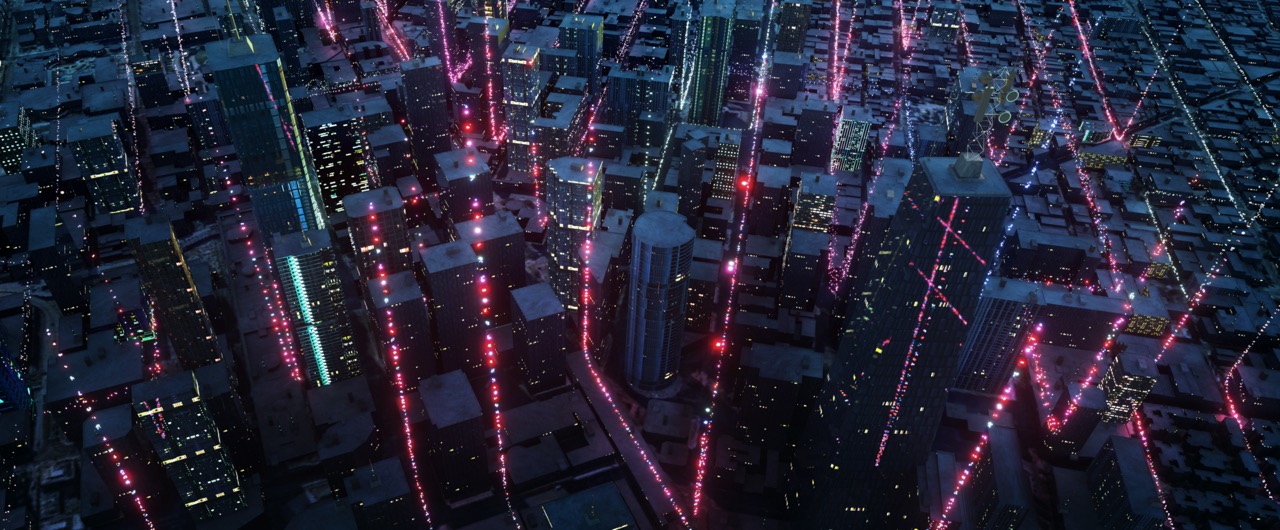 Aerial view of Smart City with particle glowing light connection design, big data connection technology concept. 3d rendering