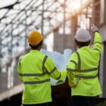 Engineering team engineering consultants people at construction sites hold blueprints in their hands. Building inspector. Check the construction site drawing and business procedures of the building.