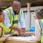 Manager, meeting or happy civil engineering team planning a building or construction architecture. Teamwork, leader or designers talking or speaking of floor plan idea in discussion or collaboration.